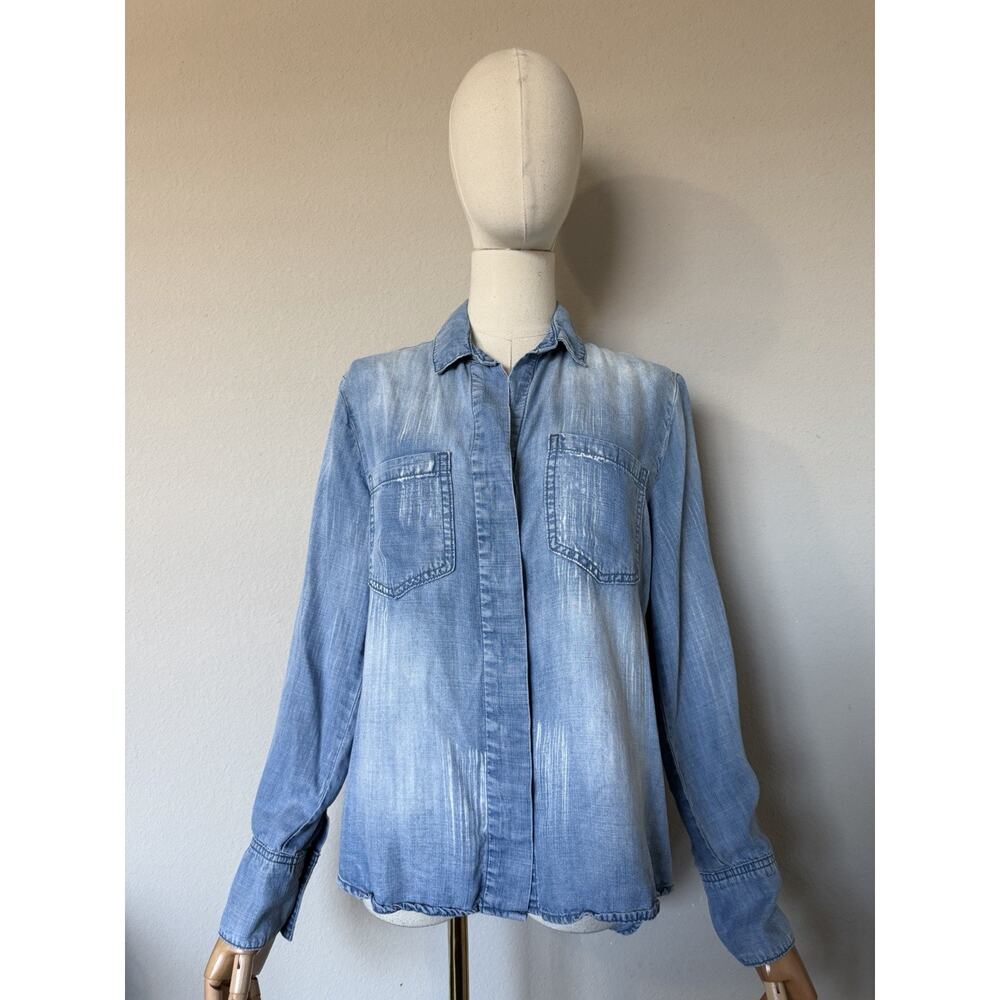 Cloth & Stone Blue Chambray Button Down Shirt Roll Tab Sleeve Split Back Sz S